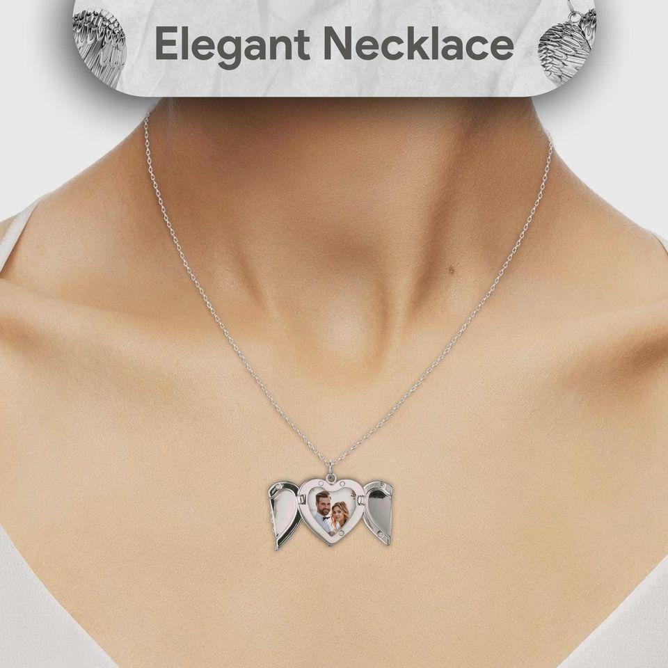 Personalized Photo Heart Locket Necklace with Angel Wings