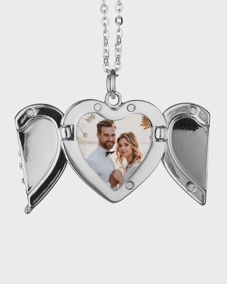 Personalized Photo Heart Locket Necklace with Angel Wings
