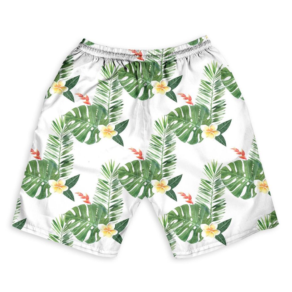 Watercolor Tropical Plants Men Beach Shorts