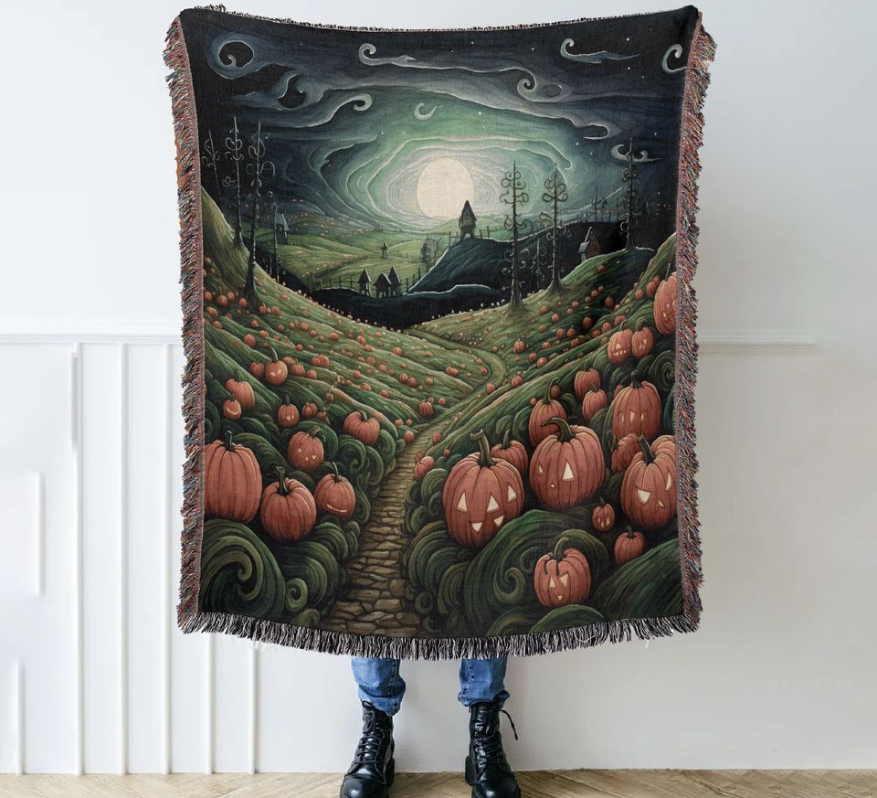 Halloween Pumpkin Farm Woven Throw Blanket: Cottagecore Decor