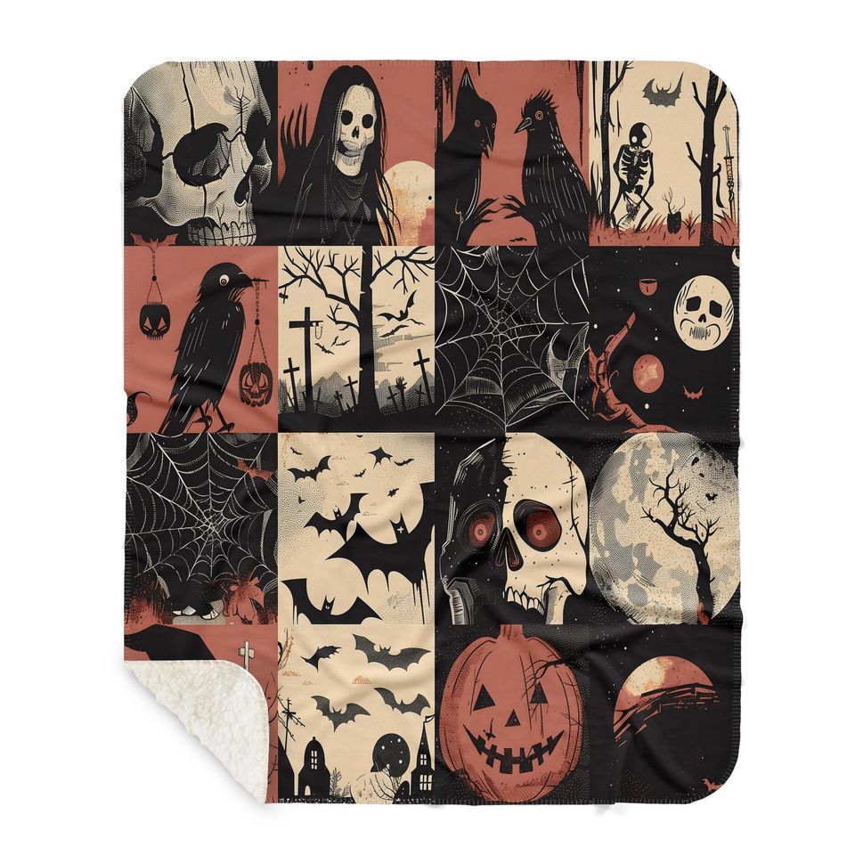 Vintage Halloween Woven Throw Blanket: Spooky Ghost, Bat & Raven Tapestry