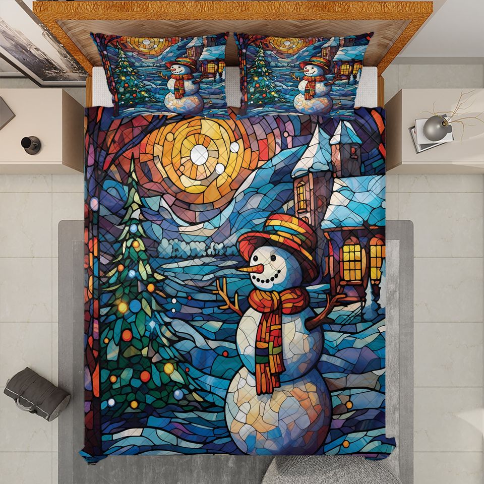 Vintage Snowman Quilt Bedding Set: Starry Night Christmas Decor