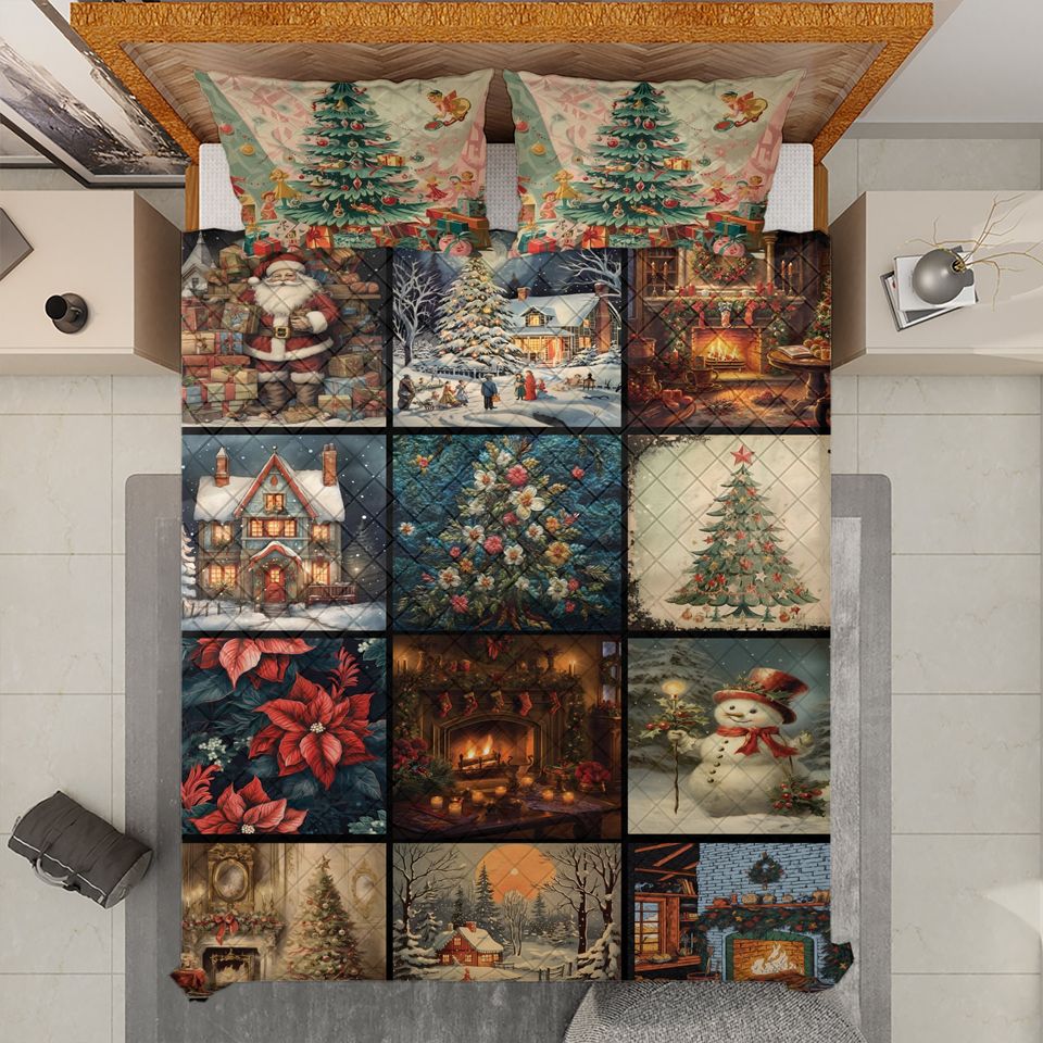 Vintage Christmas Collage Quilt Bedding Set: Snowman, Tree, Fireplace