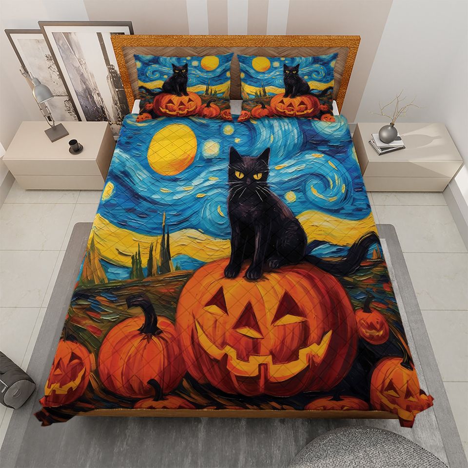 Halloween Quilt Bedding Set: Black Cat, Pumpkin, Starry Night