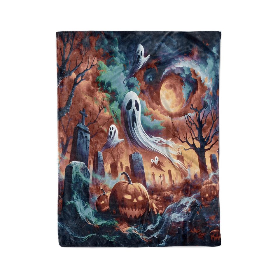 Halloween Graveyard Woven Throw Blanket: Pumpkins & Ghosts