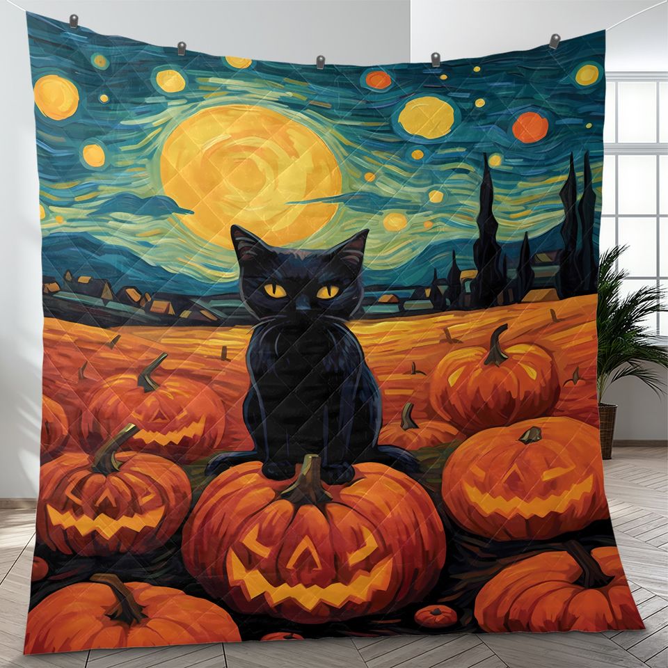 Halloween Quilt Bedding Set: Black Cat, Pumpkins, Starry Night