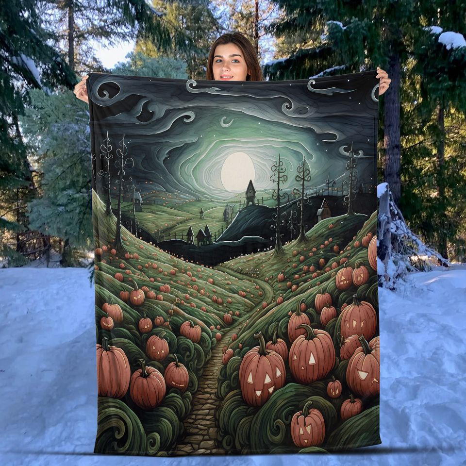 Halloween Pumpkin Farm Woven Throw Blanket: Cottagecore Decor