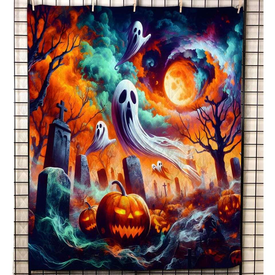 Halloween Quilt Bedding Set: Pumpkin Ghost Graveyard, Cottagecore Decor