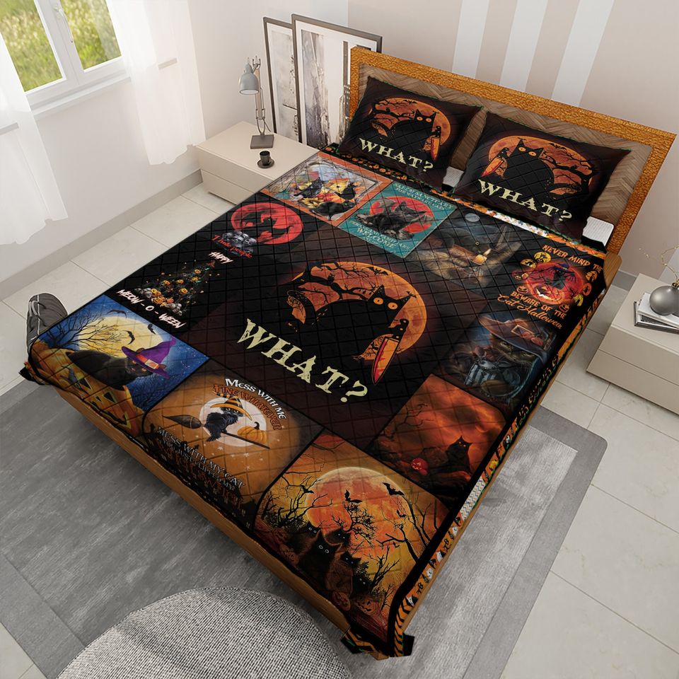 Vintage Halloween Quilt Bedding Set: Black Cat Witch Decor