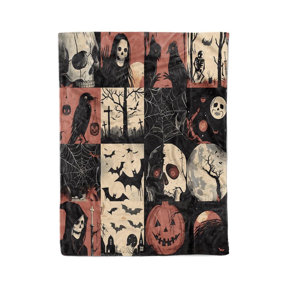 Vintage Halloween Woven Throw Blanket: Spooky Ghost, Bat & Raven Tapestry