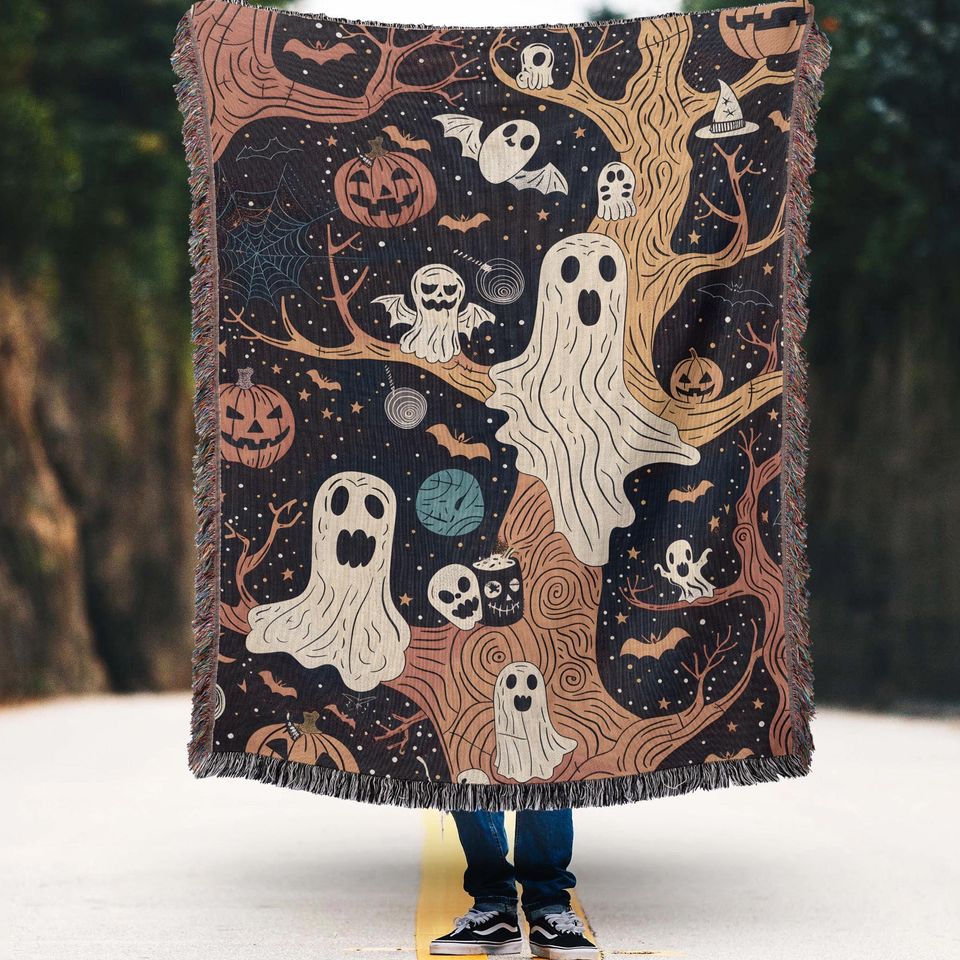 Vintage Halloween Woven Throw Blanket: Ghost, Pumpkin, Cottagecore Decor