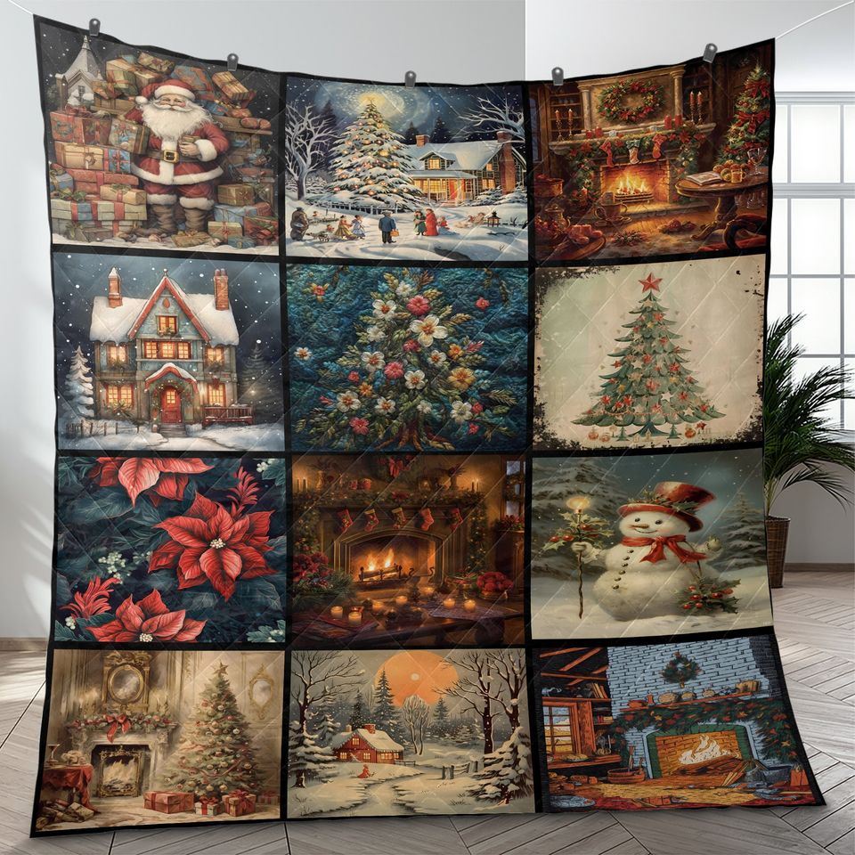 Vintage Christmas Collage Quilt Bedding Set: Snowman, Tree, Fireplace