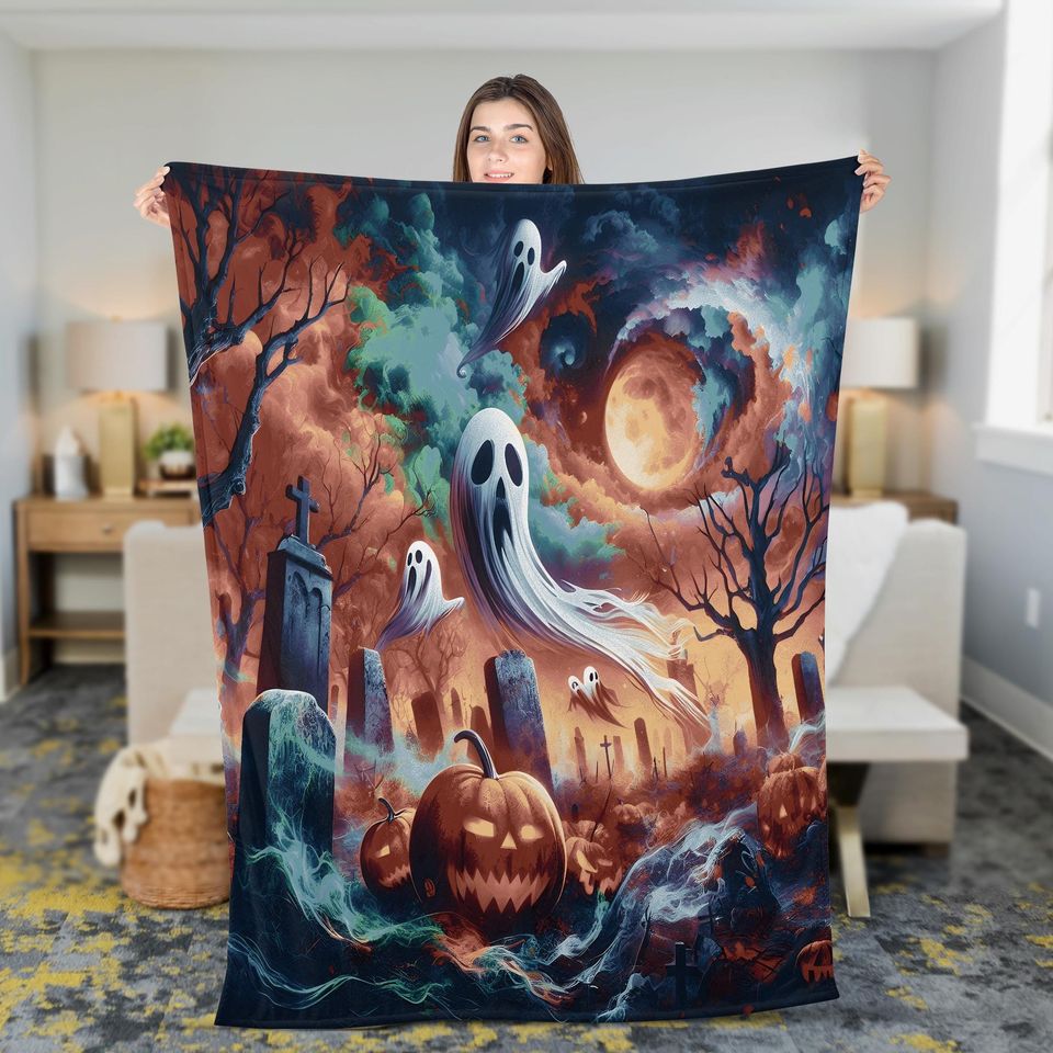 Halloween Graveyard Woven Throw Blanket: Pumpkins & Ghosts