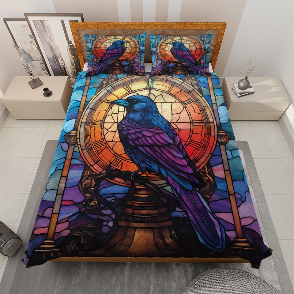 Gothic Raven Quilt Bedding Set: Bird with Clock Blanket