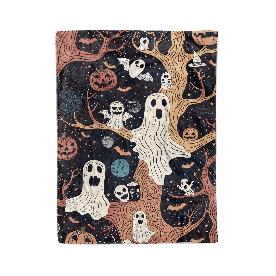 Vintage Halloween Woven Throw Blanket: Ghost, Pumpkin, Cottagecore Decor