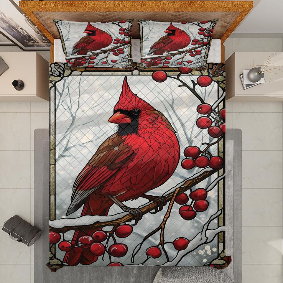 Vintage Cardinal Bird Christmas Quilt Bedding Set: Cottagecore Decoration