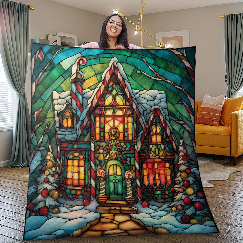 Vintage Gingerbread House Christmas Quilt Bedding Set