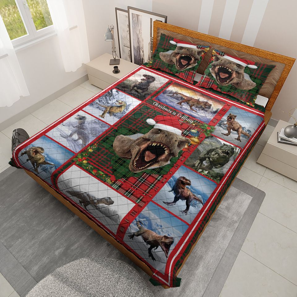 Vintage Dinosaur Christmas Quilt Bedding Set