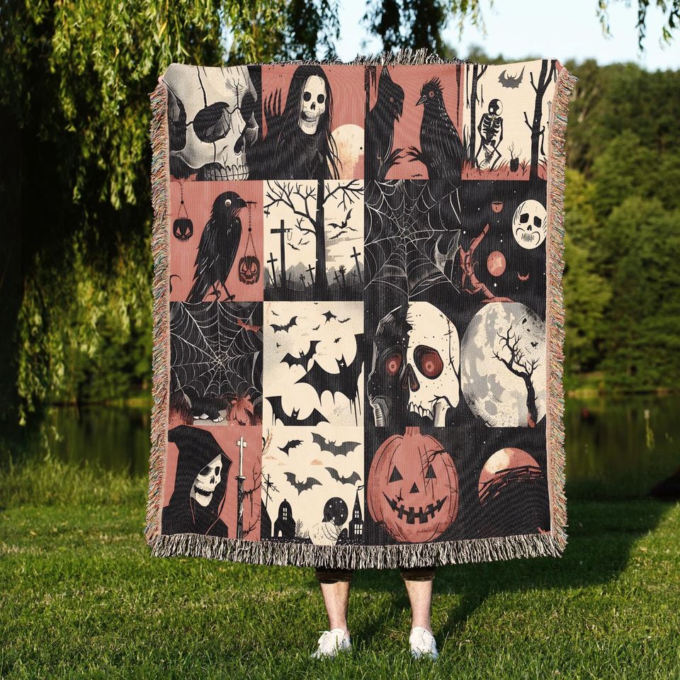 Vintage Halloween Woven Throw Blanket: Spooky Ghost, Bat & Raven Tapestry