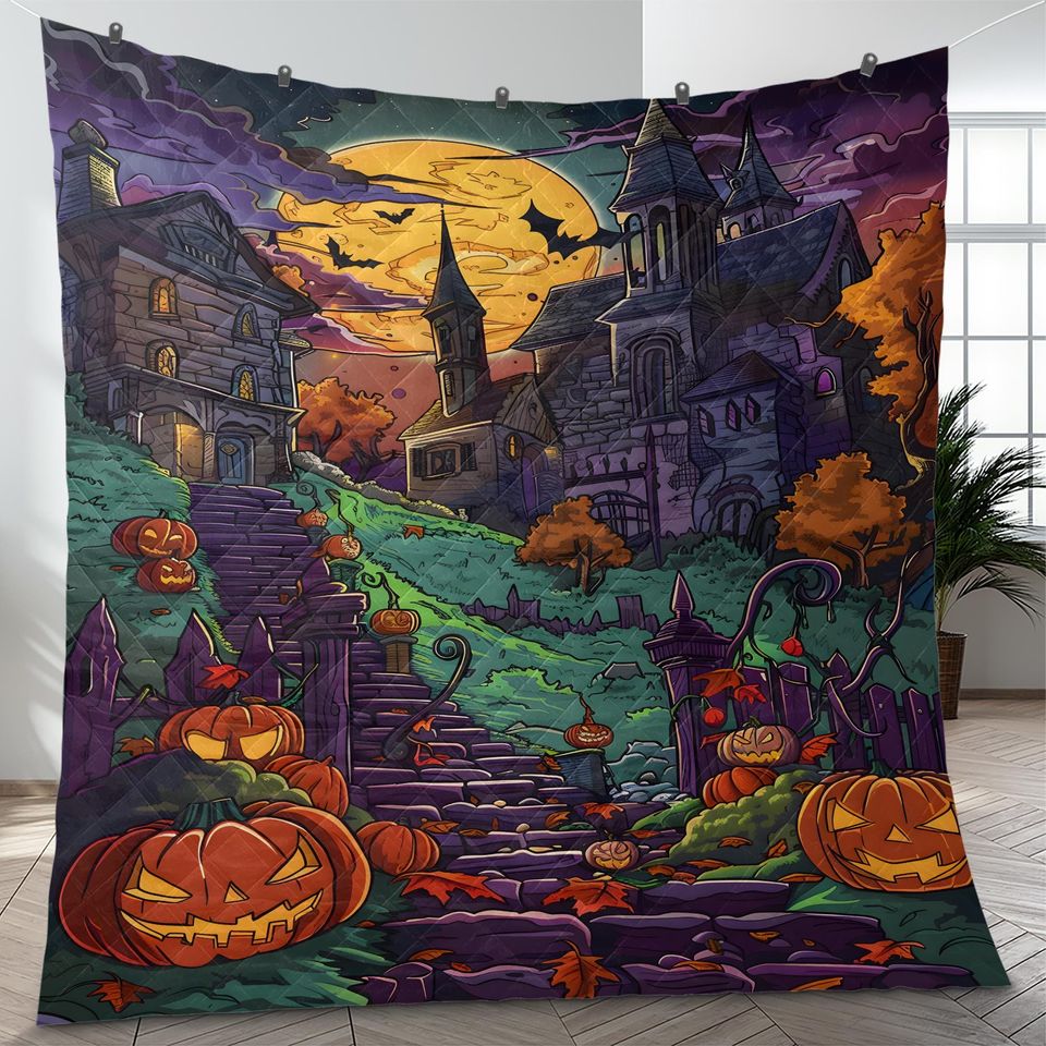 Vintage Halloween Town Quilt Bedding Set: Retro Pumpkin Blanket