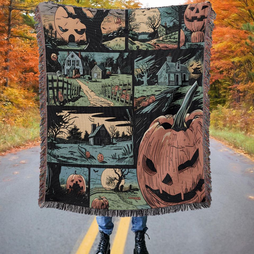 Retro Comic Jack-o'-lantern Halloween Woven Throw Blanket
