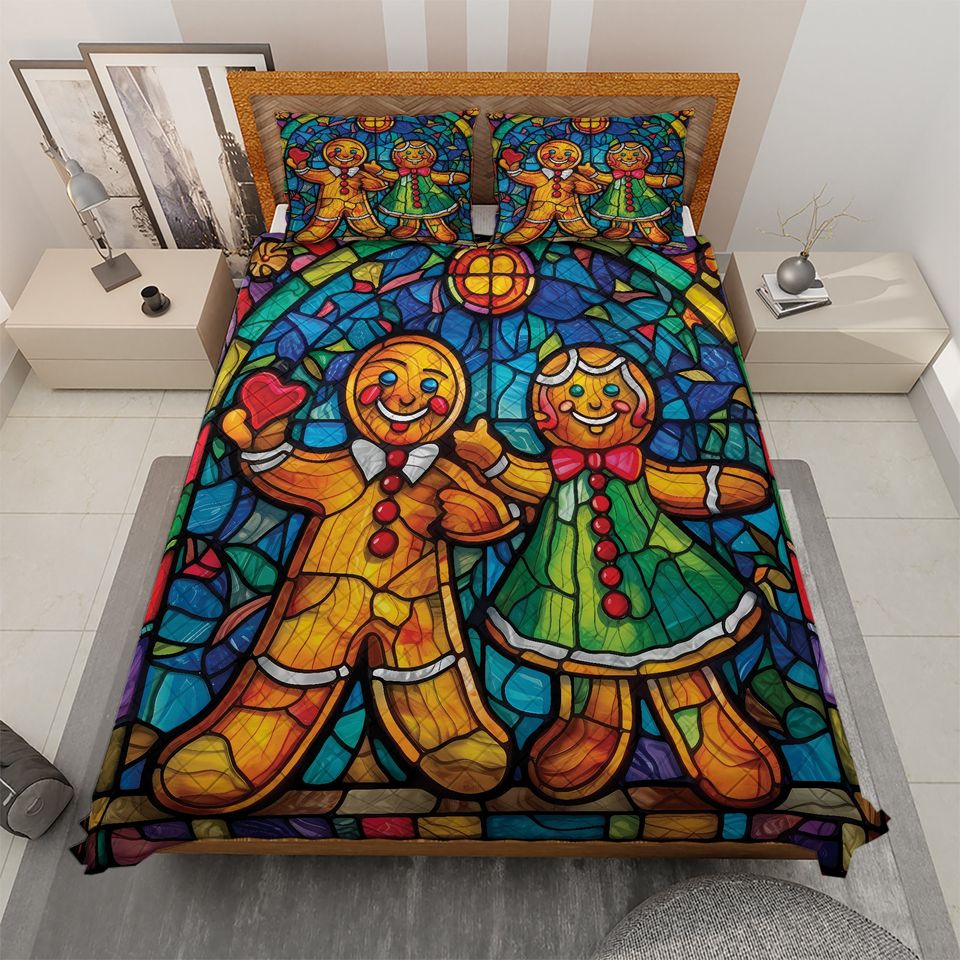Vintage Gingerbread Couple Christmas Quilt Bedding Set