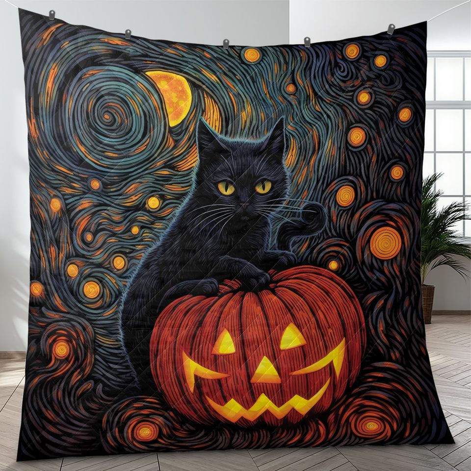 Halloween Quilt Bedding Set: Black Cat, Pumpkin, Starry Night