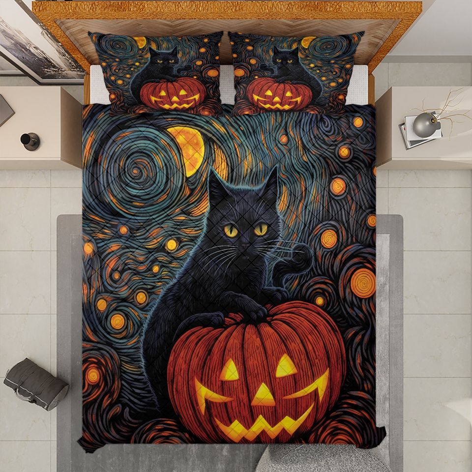 Halloween Quilt Bedding Set: Black Cat, Pumpkin, Starry Night