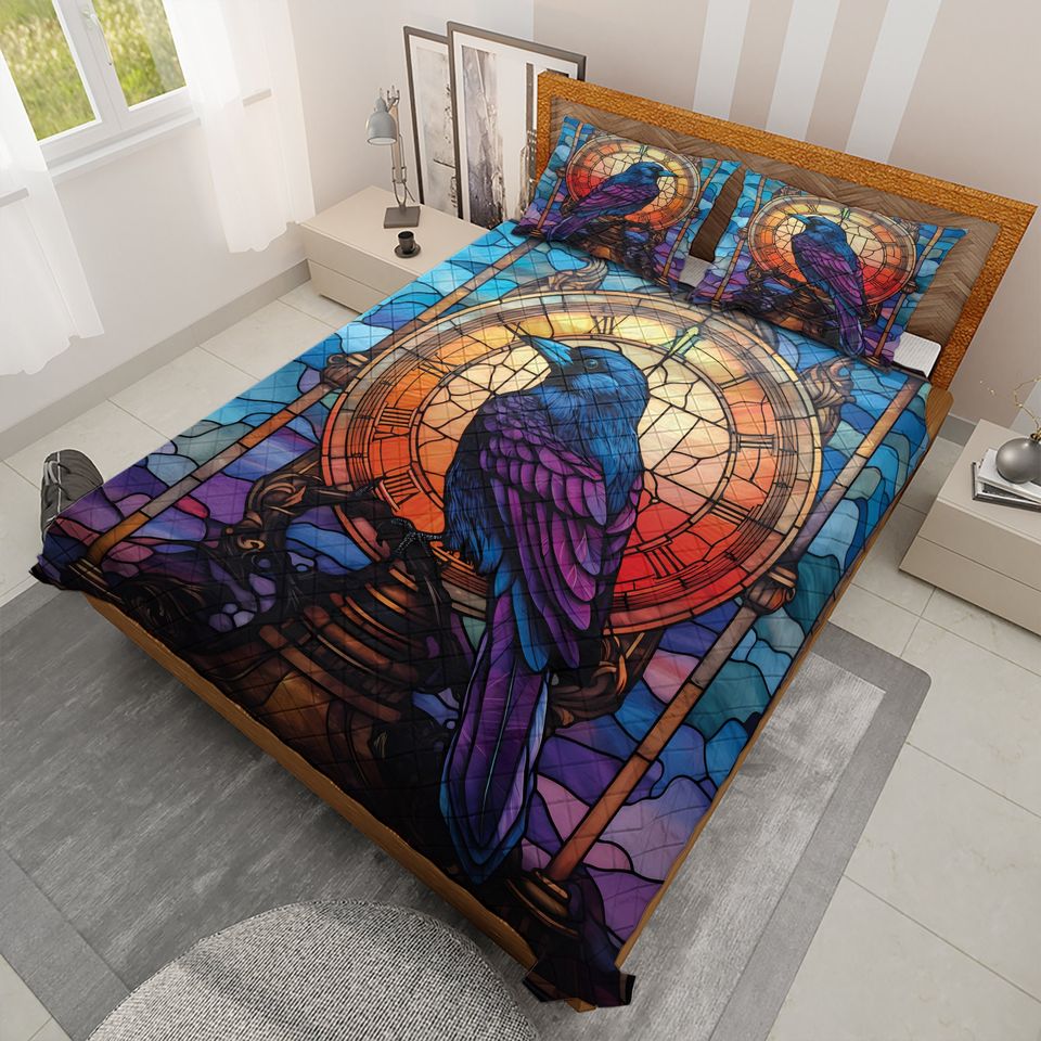 Gothic Raven Quilt Bedding Set: Bird with Clock Blanket