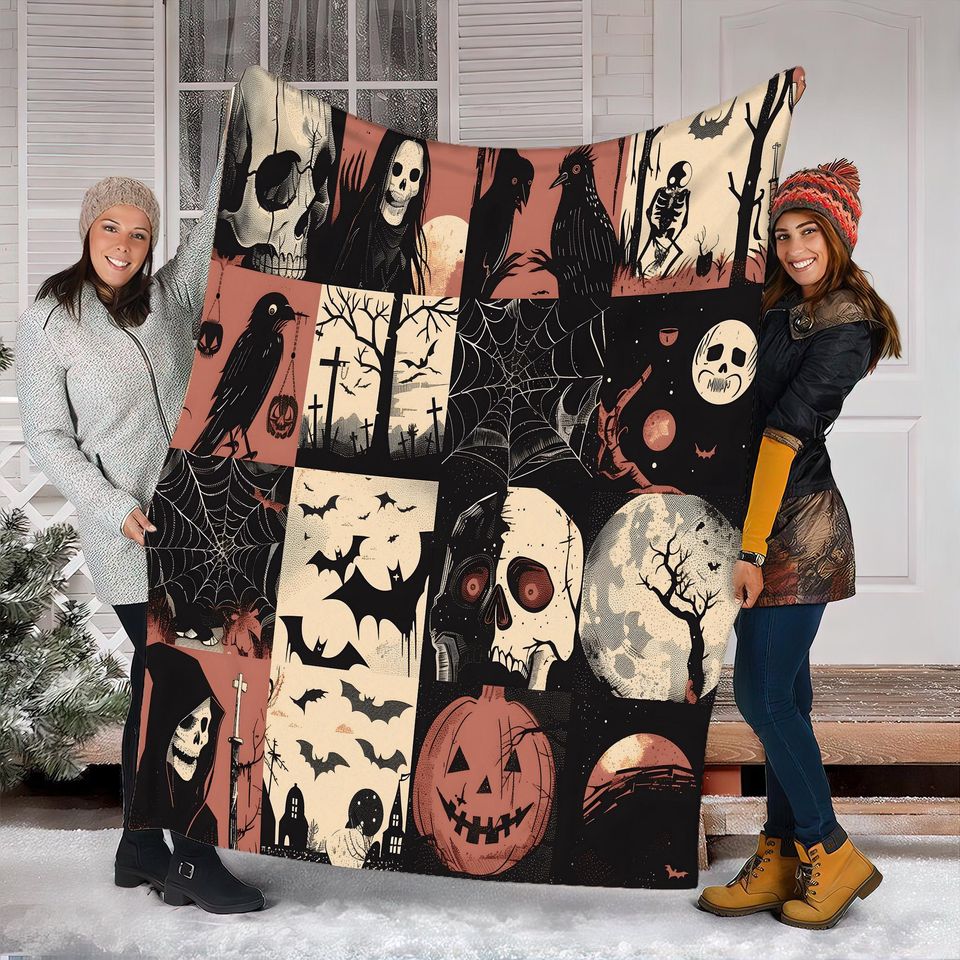 Vintage Halloween Woven Throw Blanket: Spooky Ghost, Bat & Raven Tapestry