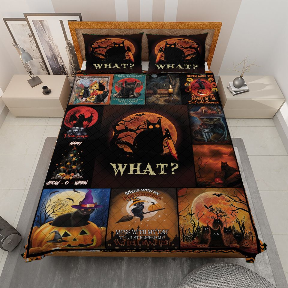 Vintage Halloween Quilt Bedding Set: Black Cat Witch Decor