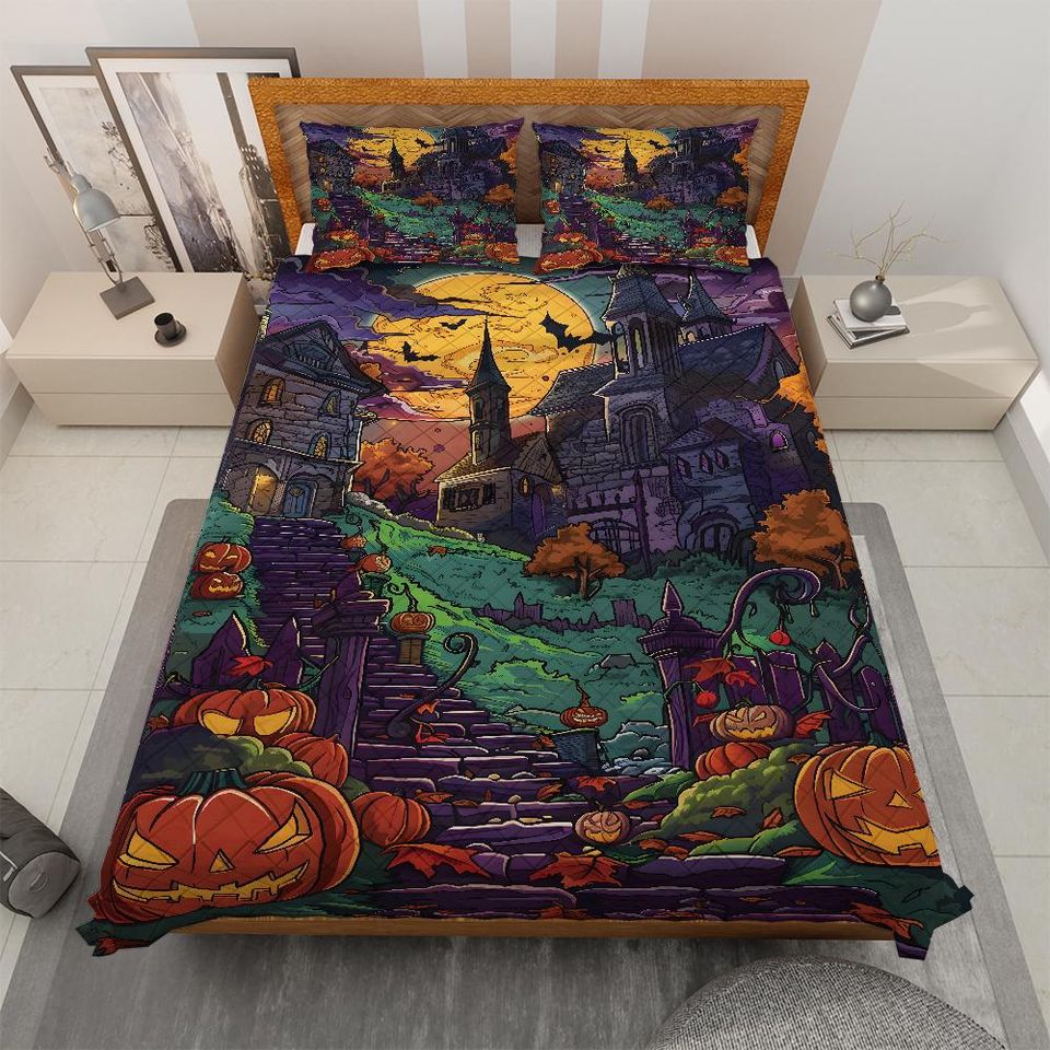 Vintage Halloween Town Quilt Bedding Set: Retro Pumpkin Blanket