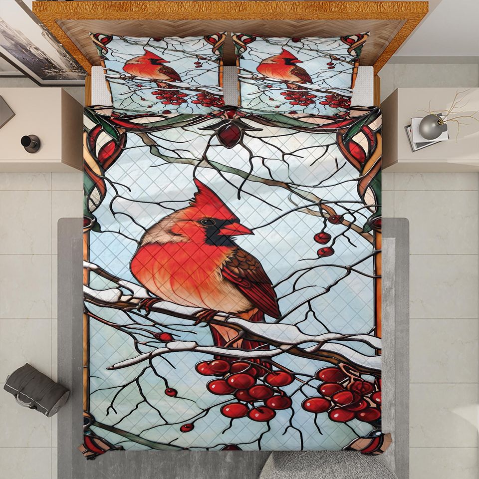 Retro Cardinal Bird Christmas Quilt Bedding Set: Cottagecore Decor