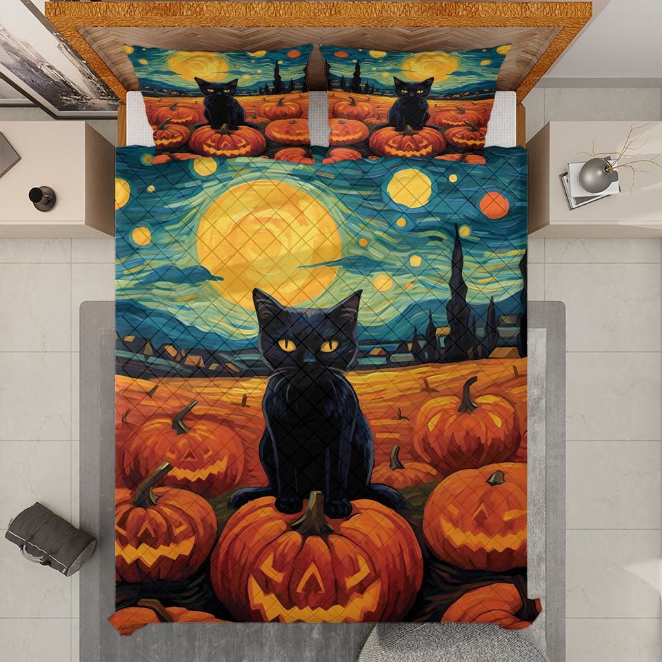 Halloween Quilt Bedding Set: Black Cat, Pumpkins, Starry Night