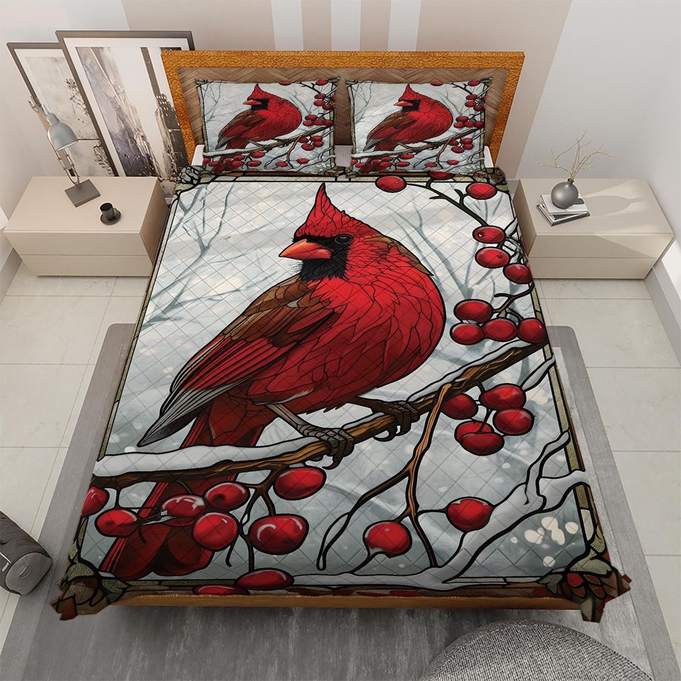 Vintage Cardinal Bird Christmas Quilt Bedding Set: Cottagecore Decoration