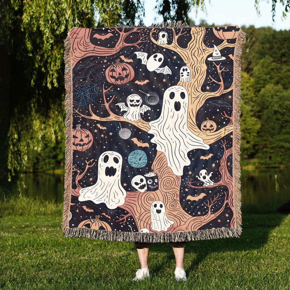 Vintage Halloween Woven Throw Blanket: Ghost, Pumpkin, Cottagecore Decor