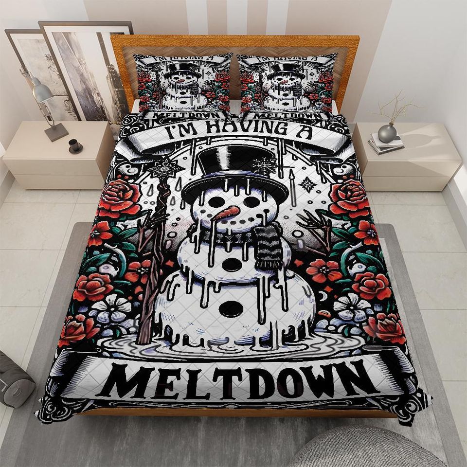 Vintage Snowman Quilt Bedding Set: Christmas Cottagecore Blanket