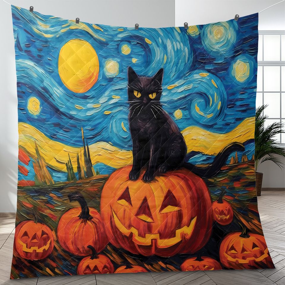 Halloween Quilt Bedding Set: Black Cat, Pumpkin, Starry Night
