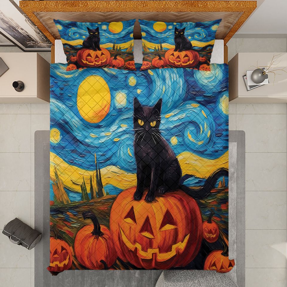 Halloween Quilt Bedding Set: Black Cat, Pumpkin, Starry Night