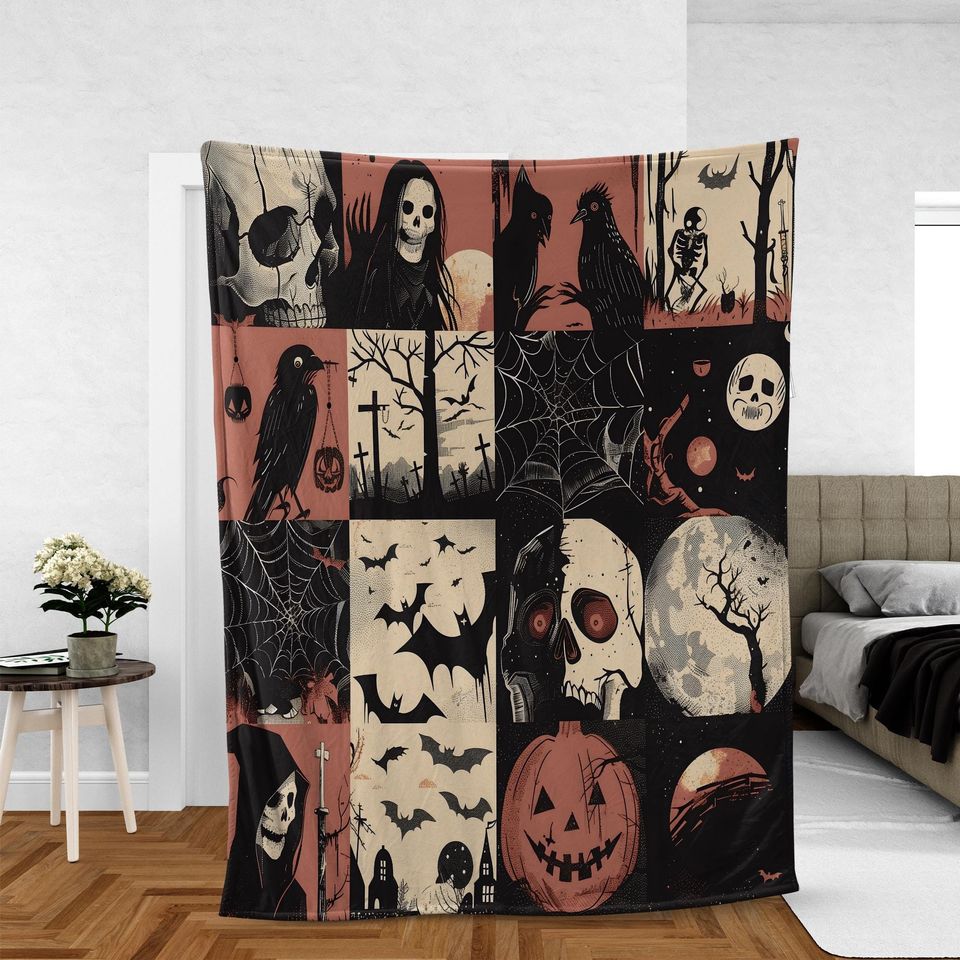 Vintage Halloween Woven Throw Blanket: Spooky Ghost, Bat & Raven Tapestry