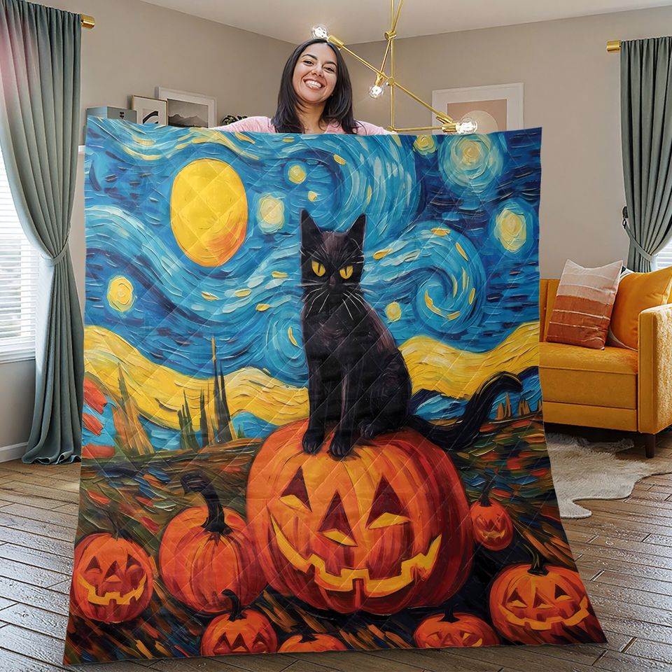 Halloween Quilt Bedding Set: Black Cat, Pumpkin, Starry Night
