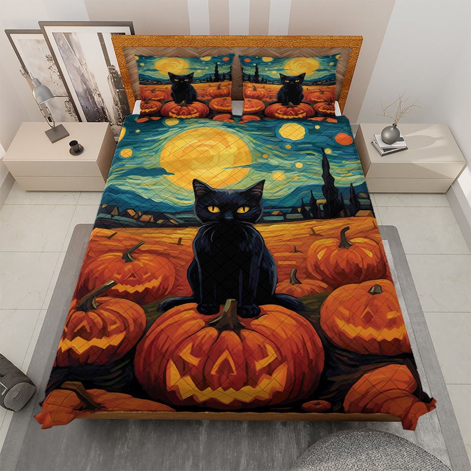 Halloween Quilt Bedding Set: Black Cat, Pumpkins, Starry Night