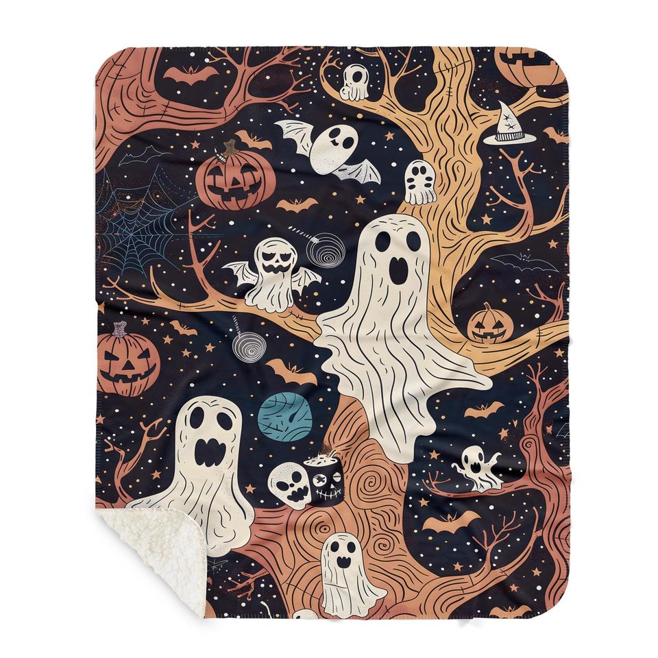 Vintage Halloween Woven Throw Blanket: Ghost, Pumpkin, Cottagecore Decor