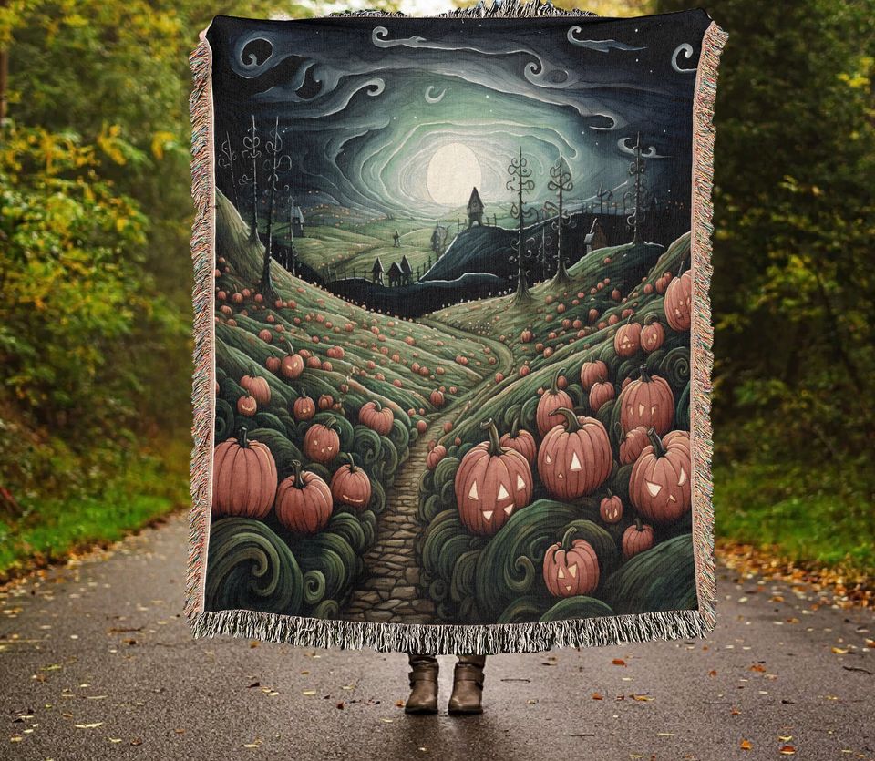 Halloween Pumpkin Farm Woven Throw Blanket: Cottagecore Decor