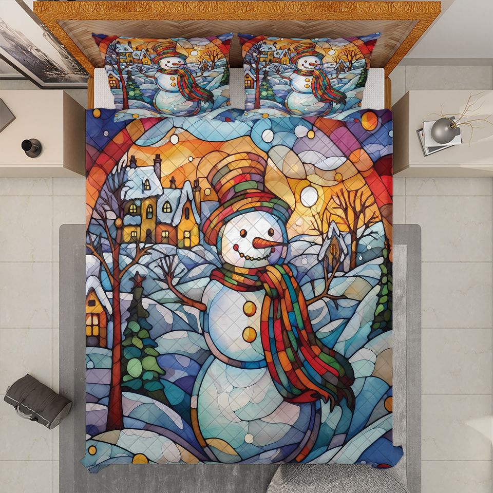 Vintage Snowman Quilt Bedding Set: Starry Night Christmas Decor