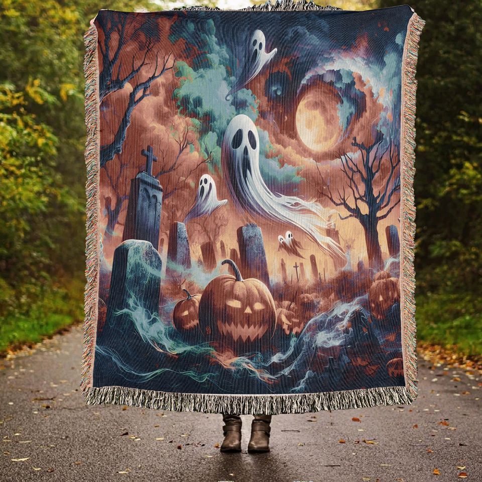 Halloween Graveyard Woven Throw Blanket: Pumpkins & Ghosts