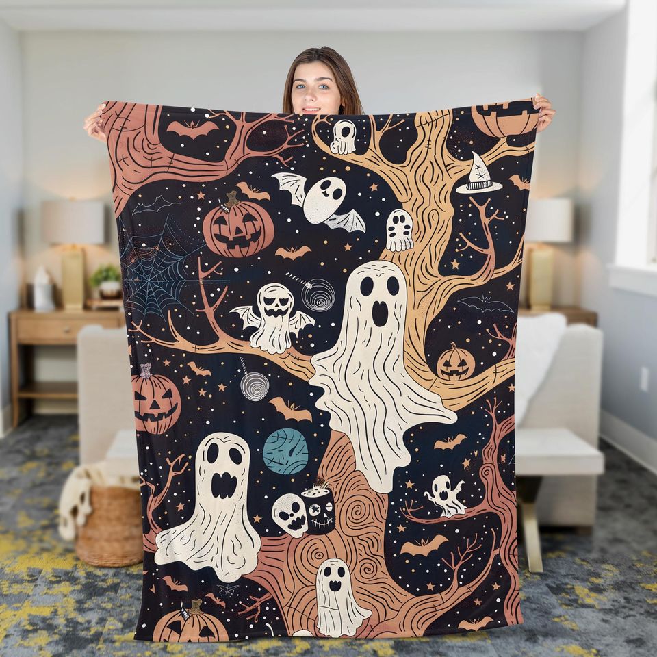 Vintage Halloween Woven Throw Blanket: Ghost, Pumpkin, Cottagecore Decor