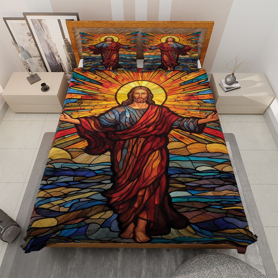 Retro Jesus Christ Quilt Bedding Set: Vintage Christian Decor