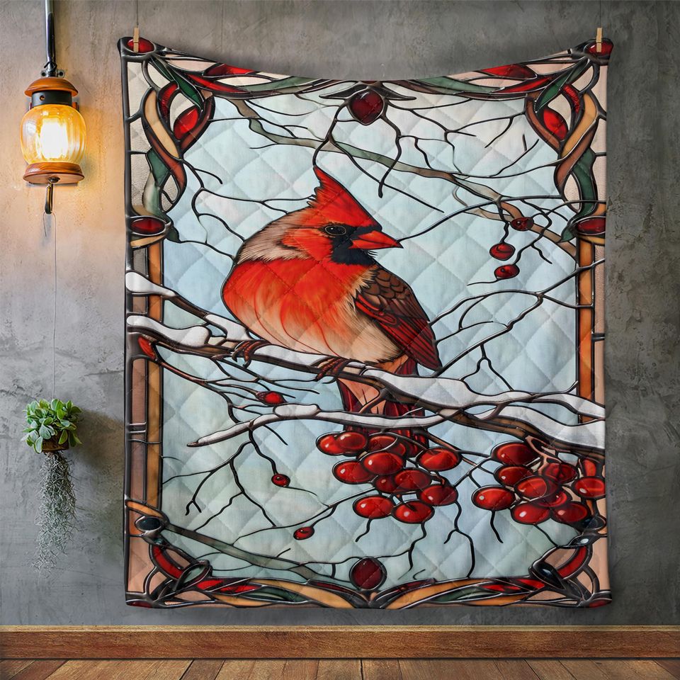 Retro Cardinal Bird Christmas Quilt Bedding Set: Cottagecore Decor