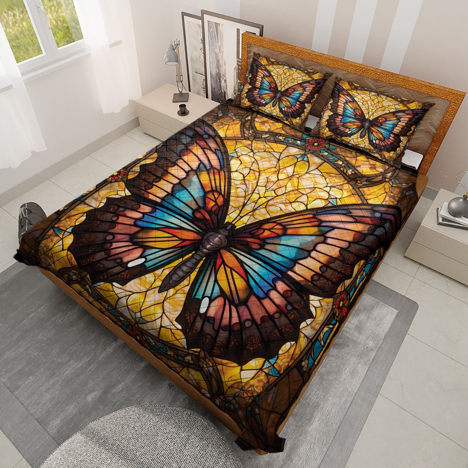 Retro Butterfly Quilt Bedding Set: Colorful Quilt Blanket